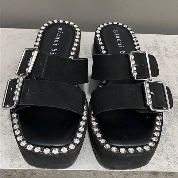 Gianni Bini Black Leather Rhinestone Buckle Sandals - Picture 4 of 14